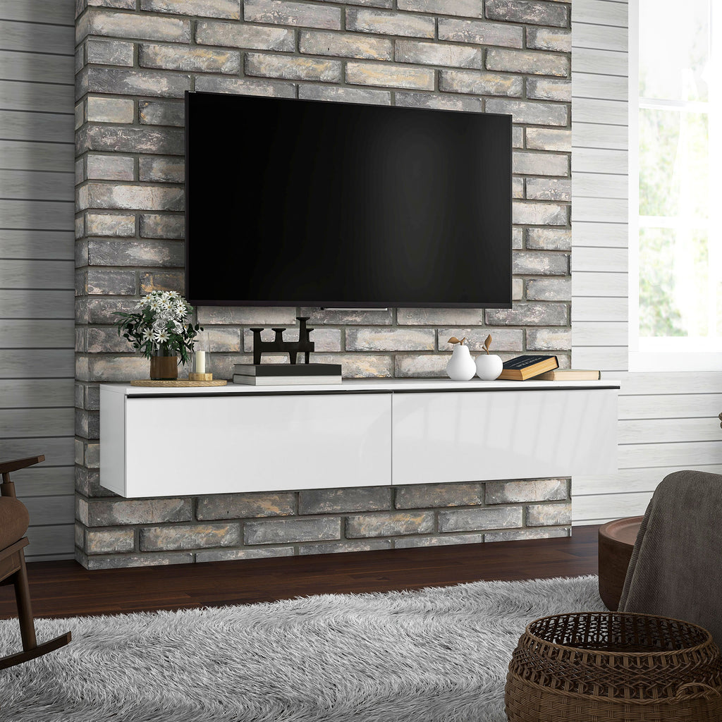 Meuble TV suspendu avec placard, pour téléviseurs jusqu'à 70 pouces, effet brillant, blanc-1