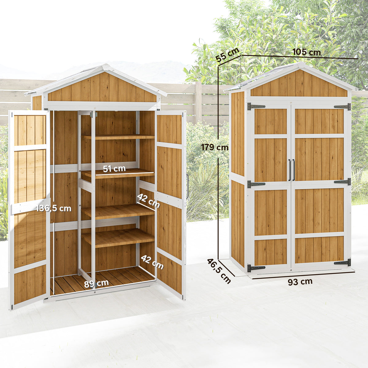 Armoire de Jardin Abri de Jardin Étanche avec Toit en Métal Double Porte pour Outils de Jardinage 105x55x179cm Naturel-2