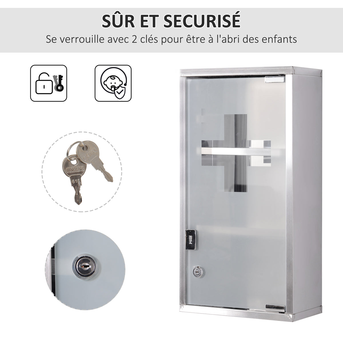 Armoire à Pharmacie 2 étagères 3 Niveaux verrouillable Porte Verre trempé dépoli Logo Croix 25L x 12l x 48H cm Acier INOX-4