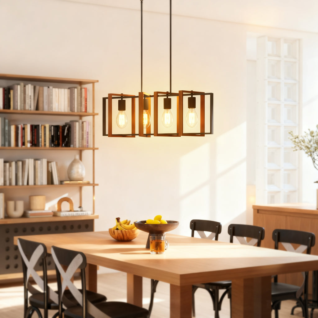 Suspension luminaire moderne, lustre plafonnier avec 4 cadres rotatifs et hauteur réglable, 80 x 21 x 90-130 cm, noyer-8