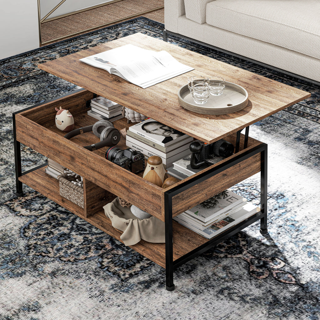 Table basse relevable table de salon compartiment caché 2 étagères inférieures 100 x 80 x 60 cm marron rustique noir-8