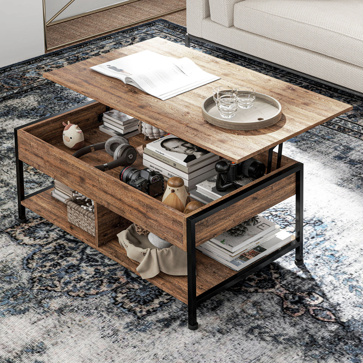 Table basse relevable table de salon compartiment caché 2 étagères inférieures 100 x 80 x 60 cm marron rustique noir-8