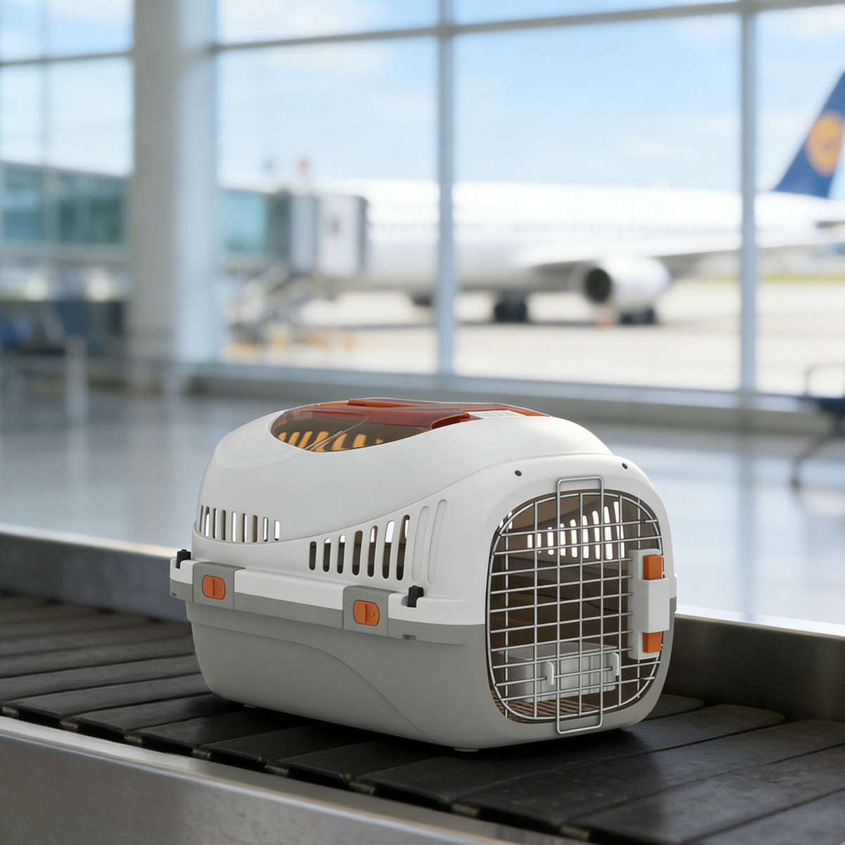 Caisse de transport chat et chien, cage de transport avec porte acier, bol de nourriture, 49 x 32 x 31 cm, gris et crème-1