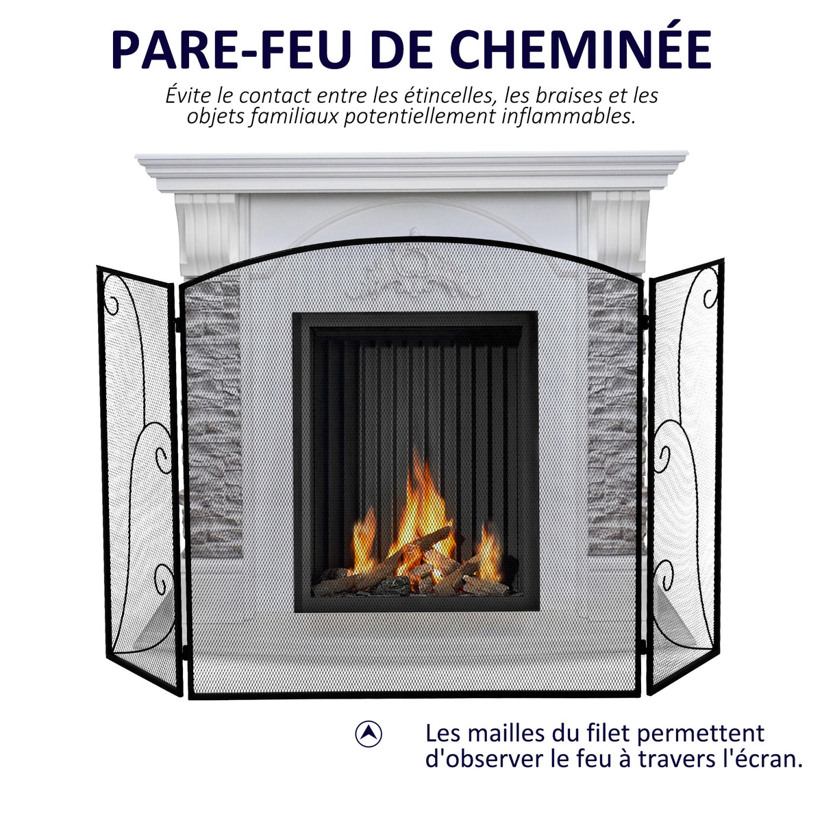 Pare-feu pour cheminée ou poêle design élégant Pare-étincelles 3 Volets Pliables dim. 132,5L x 76,5H cm Acier métal Noir-3