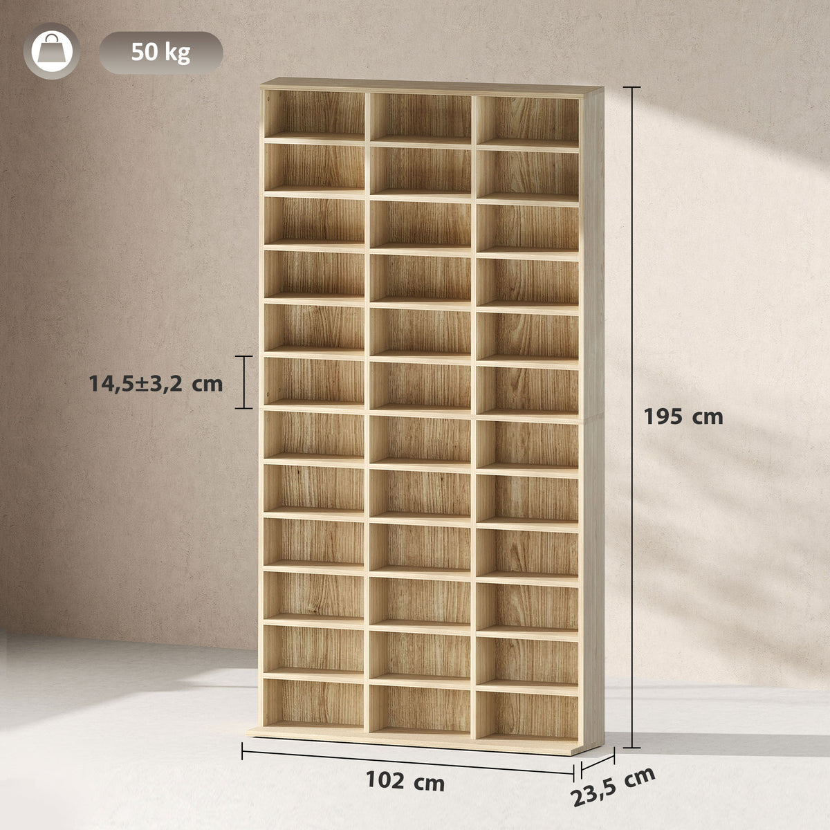 Rangements pour CD et DVD, étagère rangement 1116 CD/528 DVD, 36 compartiments et étagères réglables, chêne-2