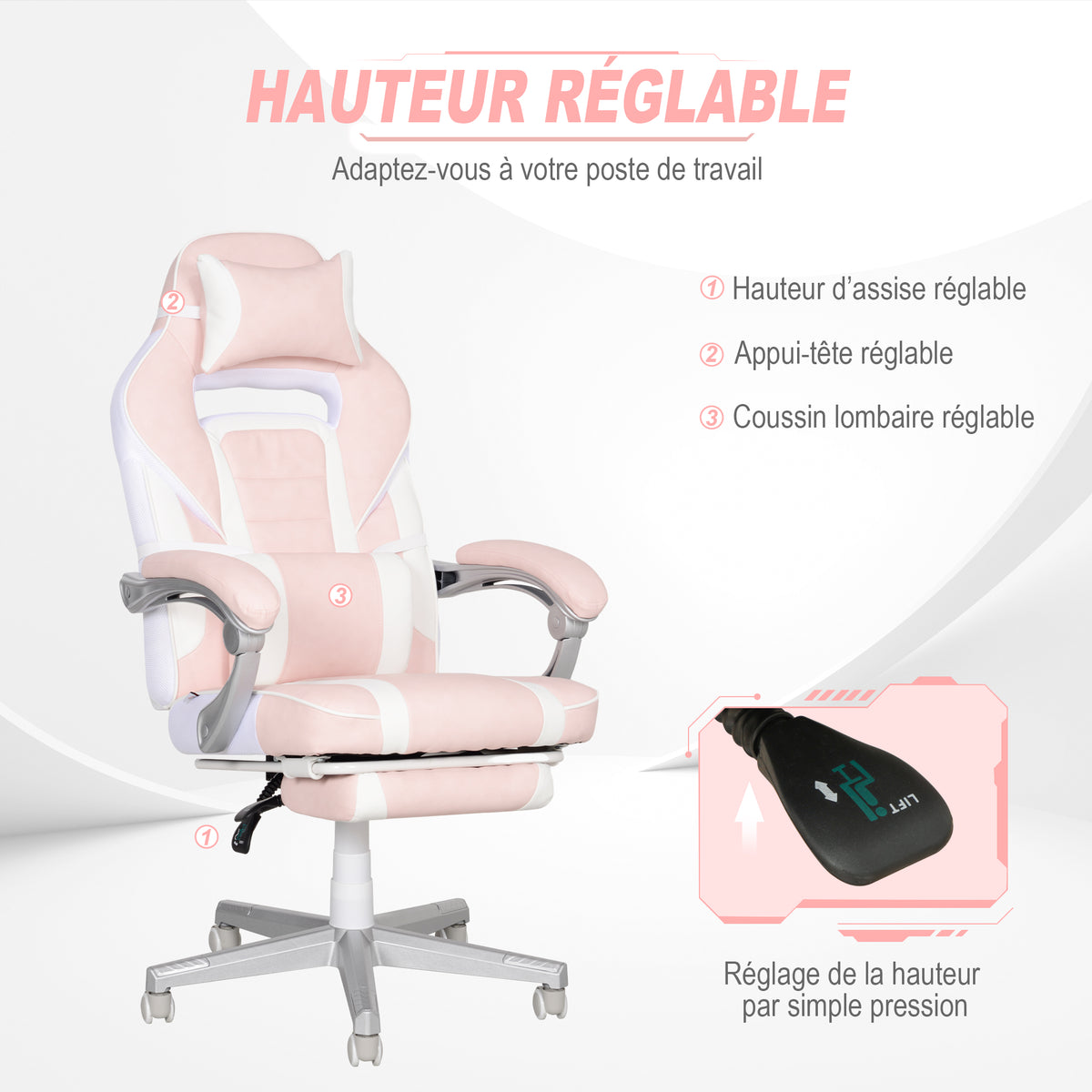 Chaise gaming, fauteuil gaming ergonomique avec repose-pieds, hauteur réglable, dossier inclinable, 63x63x123cm, rose-3