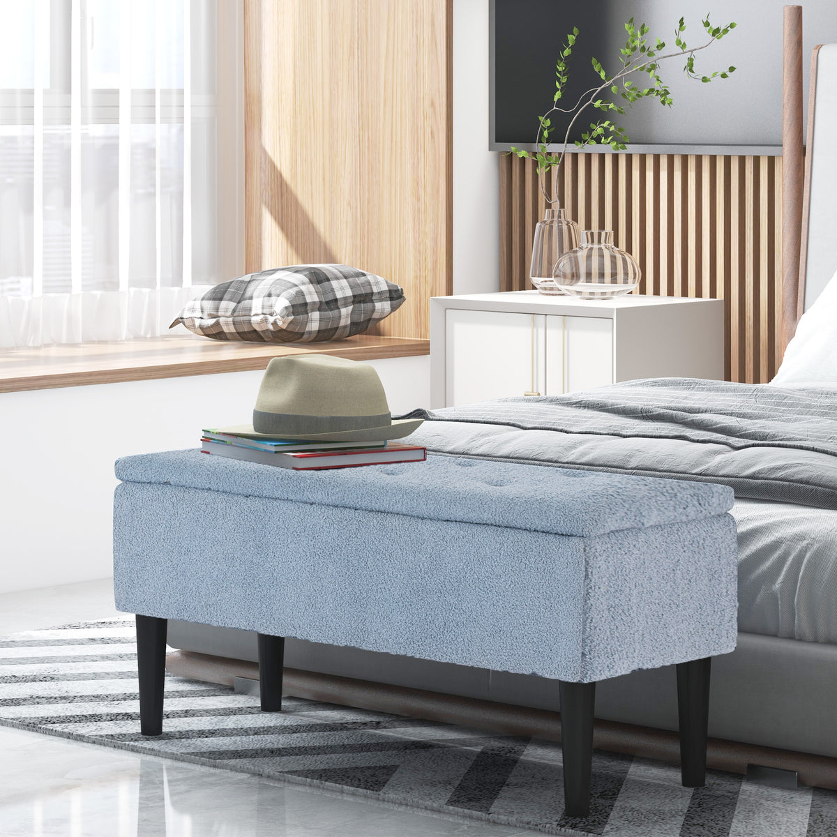 Banc de rangement coffre de rangement revêtement bouclette, pieds en bois de caoutchouc 95 x 38 x 45 cm bleu-1