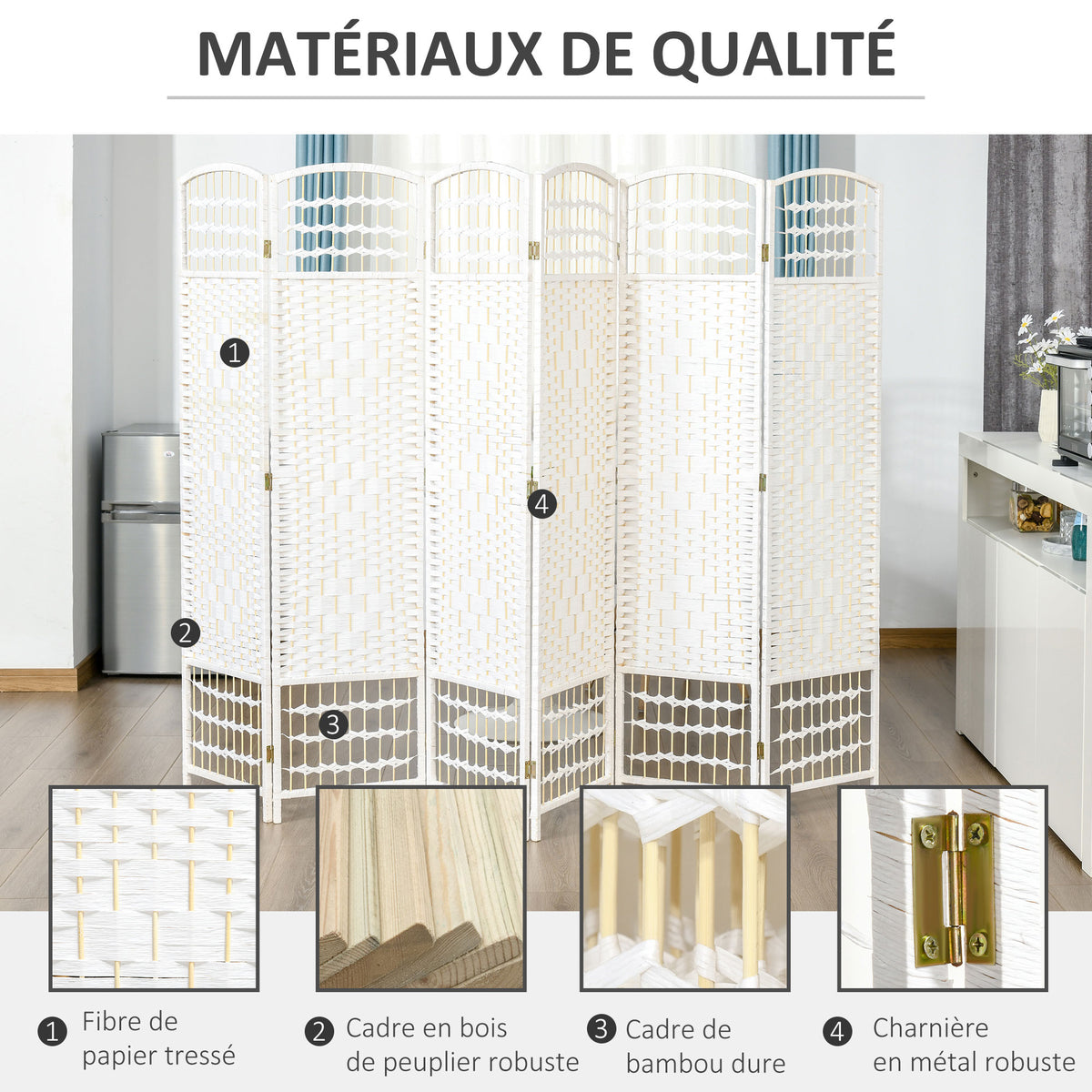 Paravent en bois 242 x 170 cm séparateur de pièce pliable 6 panneaux cloison de séparation chambre à coucher maison intérieur blanc-4