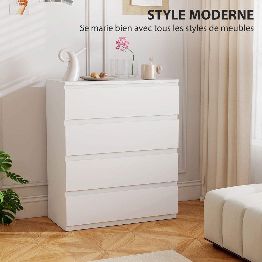 Commode 4 tiroirs, meuble de rangement épuré pour chambre, intérieur, 80 x 39 x 95 cm panneau de particules blanc-3