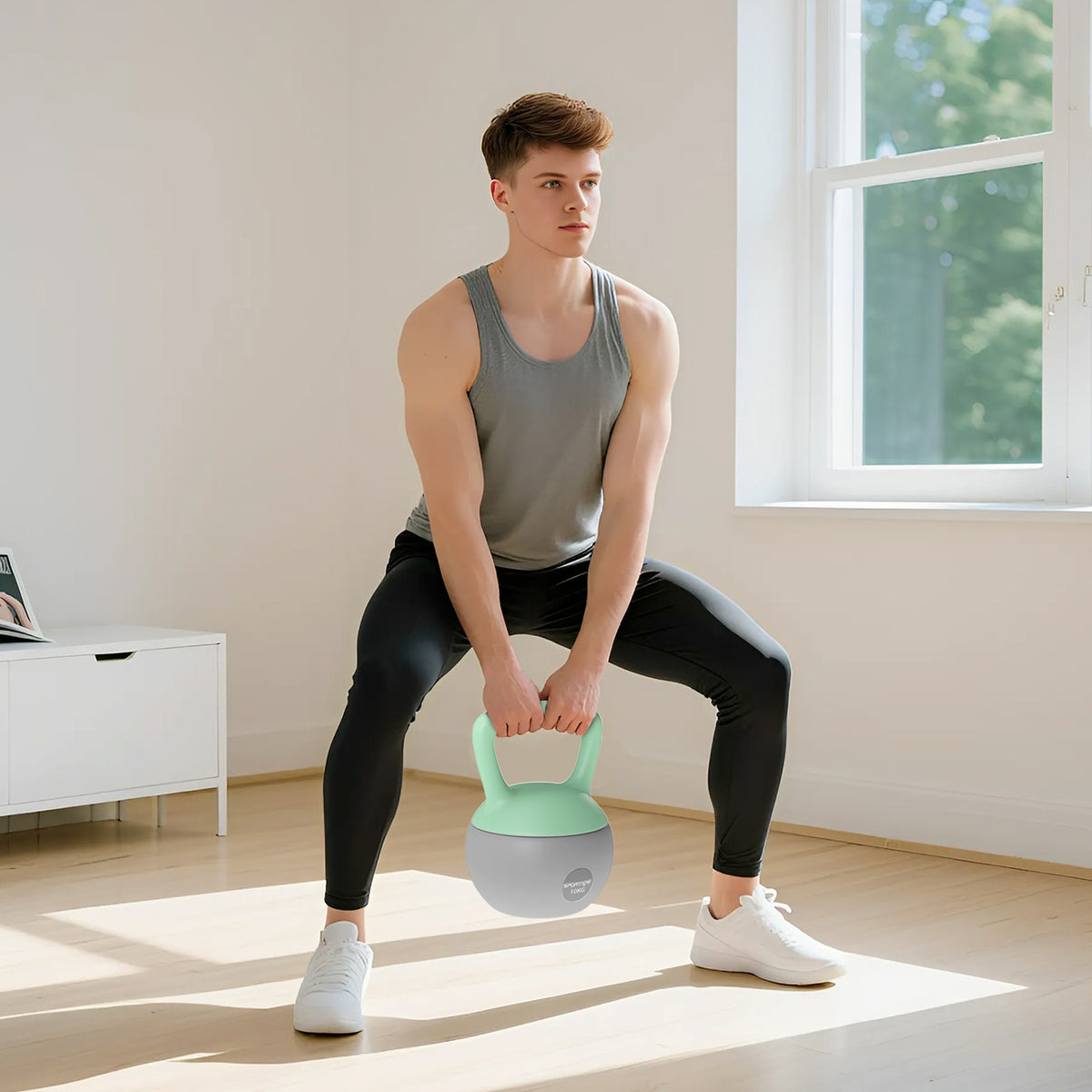 Kettlebell 10kg Haltère avec Poignée Antidérapante pour Fitness Musculation Cardio, Gris et Vert-7