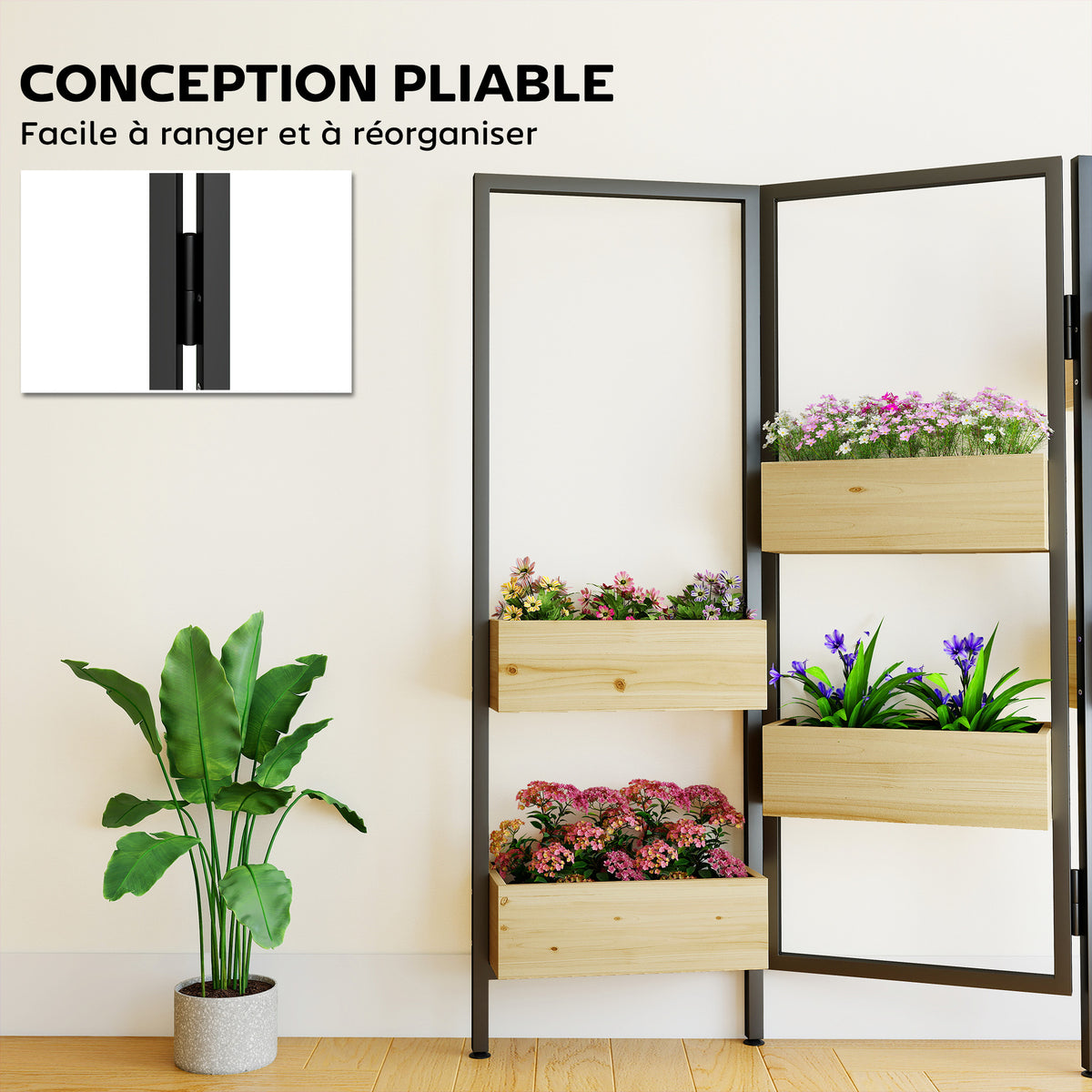 Séparateur de pièce avec 6 bacs, paravent extérieur pliable à 3 panneaux avec trou de drainage et doublure, bois naturel-4