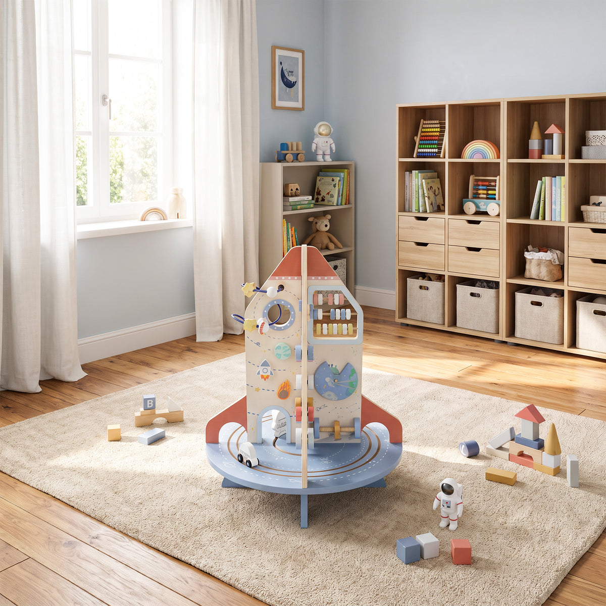 Cube d'Activités en Bois Thème Fusée, Cube Éducatif avec Trieur de Formes et Labyrinthe de Perles, pour 2 à 6 Ans-9
