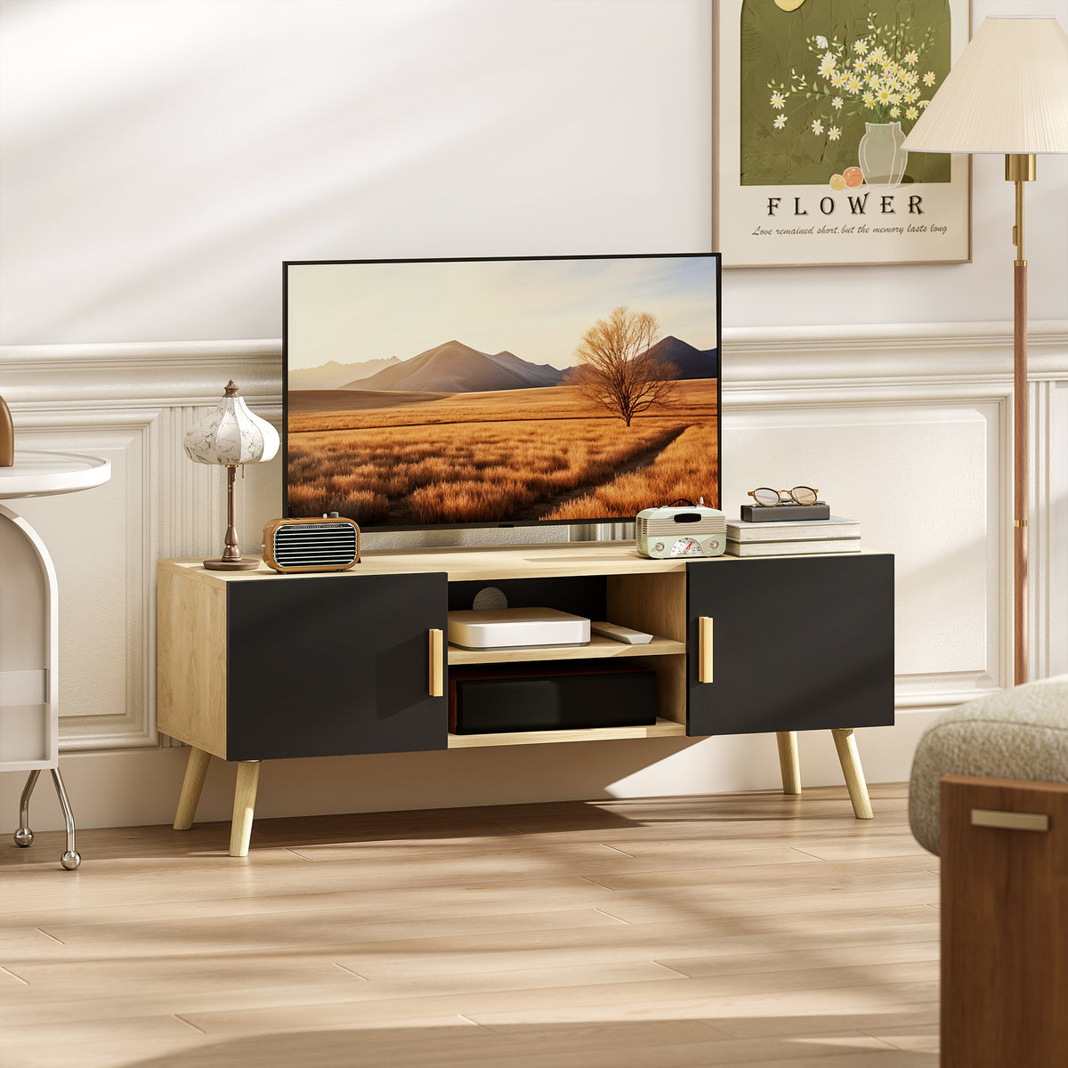 Meuble TV meuble télé bois banc TV jusqu'à 50 pouces avec étagères, 2 placards et passe-câbles, chêne-1