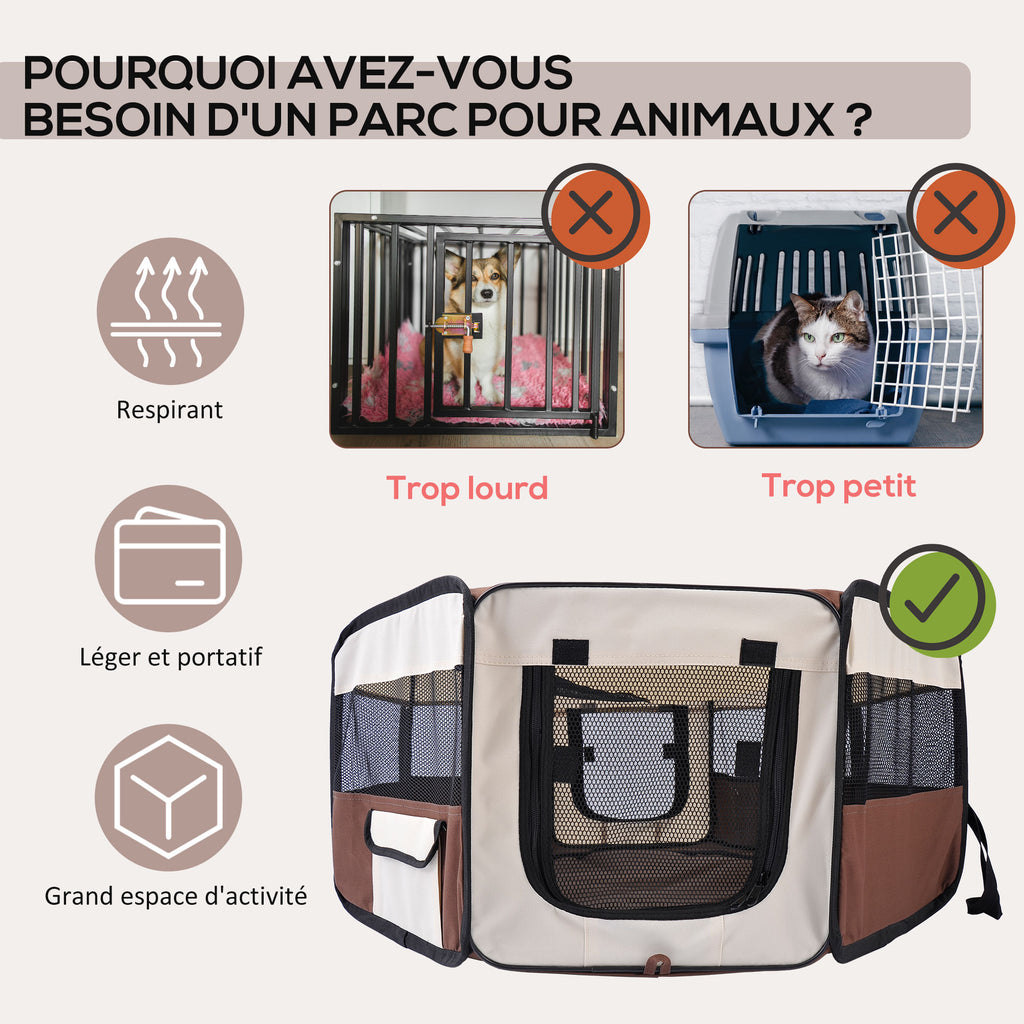 Parc enclos pliable pour chien chat petits animaux octogonal en tissu Oxford et acier Ø 90 x 41H cm marron beige-3