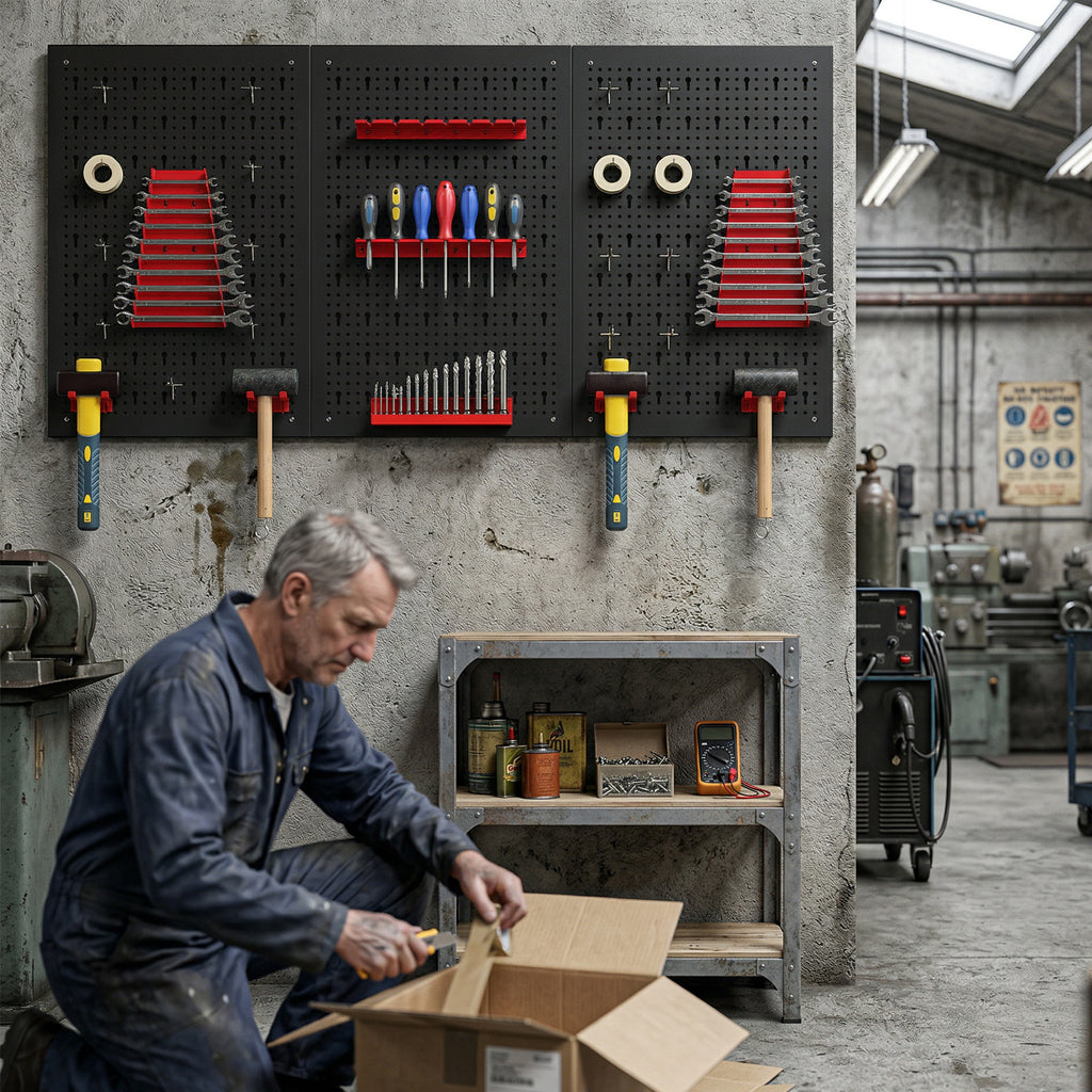 panneau perforé mural 600 x 400 mm, organiseur garage en acier avec 3 panneaux perforés, noir et rouge-7