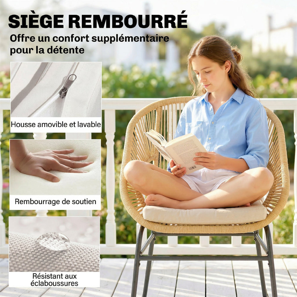 Ensemble Bistro Salon de Balcon 3 Pièces 2 Fauteuils Confortables et Table en Verre Trempé Coussins Déhoussables Beige-6