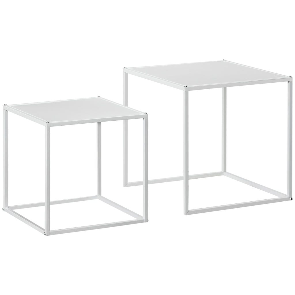 Lot de 2 tables basses gigognes, lot de 2 tables gigognes de salon, modulables, en acier, style industriel, blanc mat-0