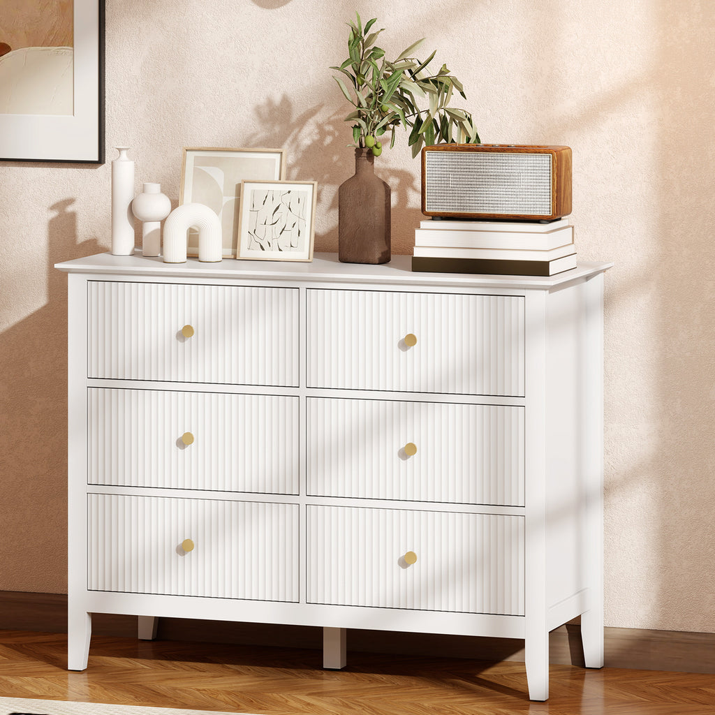 Commode à 6 Tiroirs, Meuble de Rangement, Chiffonnier avec Façades Rainurées, 100 x 40 x 78 cm, Blanc-9