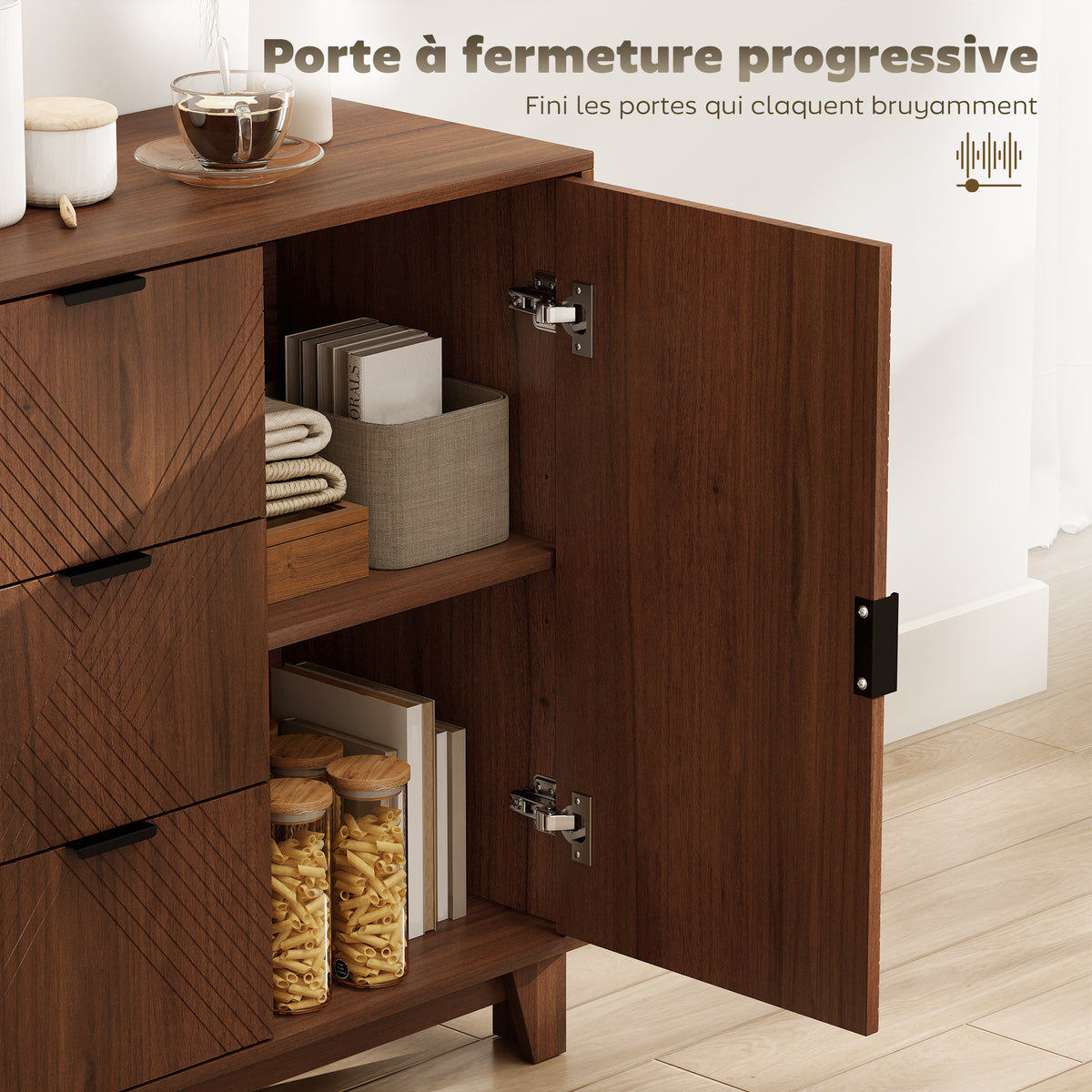 Buffet salon meuble de rangement avec placard à porte 3 tiroirs et étagère réglable 75 x 39 x 80 cm, effet bois marron-5