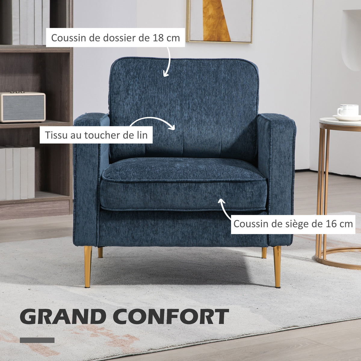 Fauteuil en tissu avec pieds en acier doré, grand confort, pochettes latérales, pour salon, bureau, chambre, bleu-3
