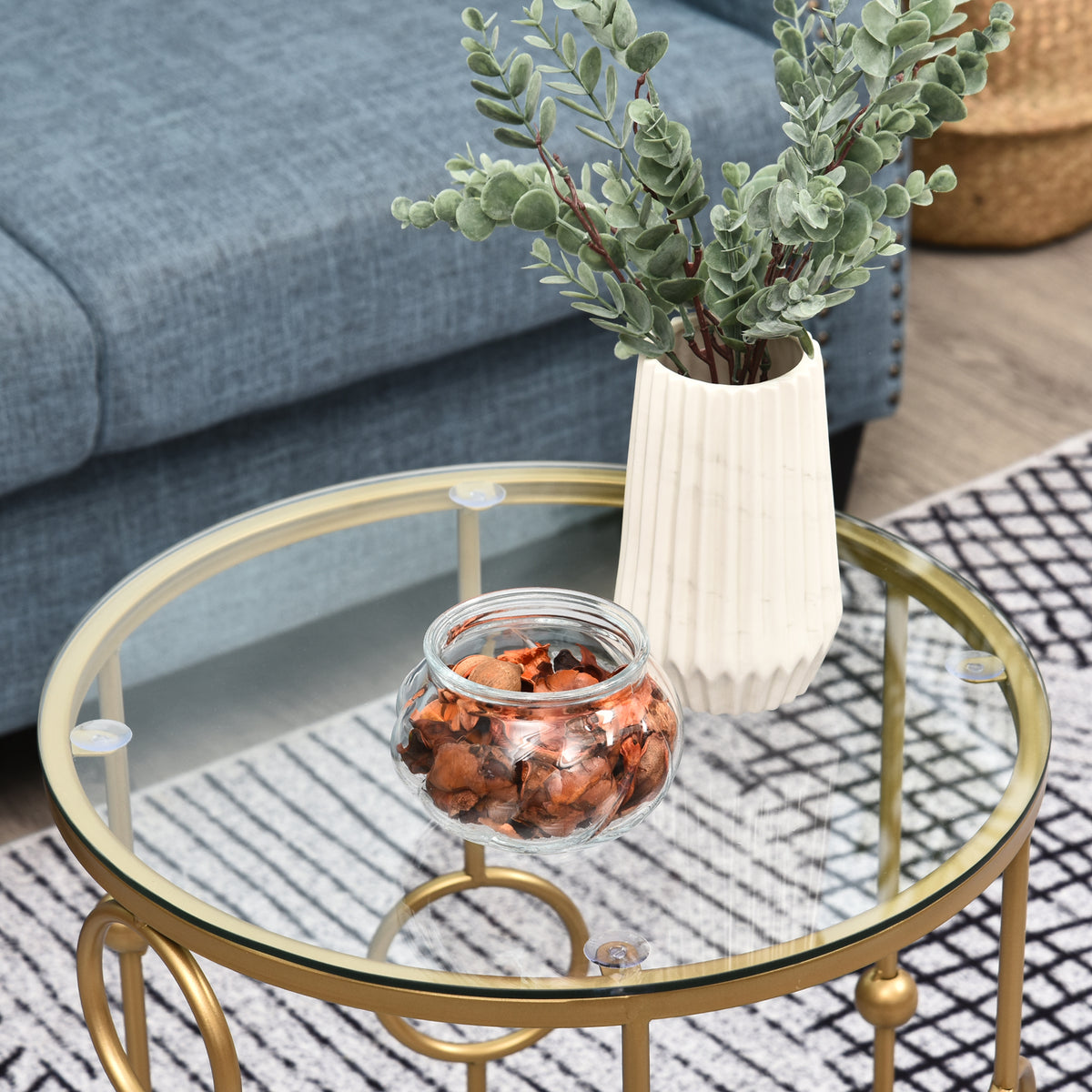 Tables gigognes Lot de 2 Tables Basses Rondes Design Style Art déco Ø 41 et Ø 36 cm métal doré Verre trempé 5 mm-8