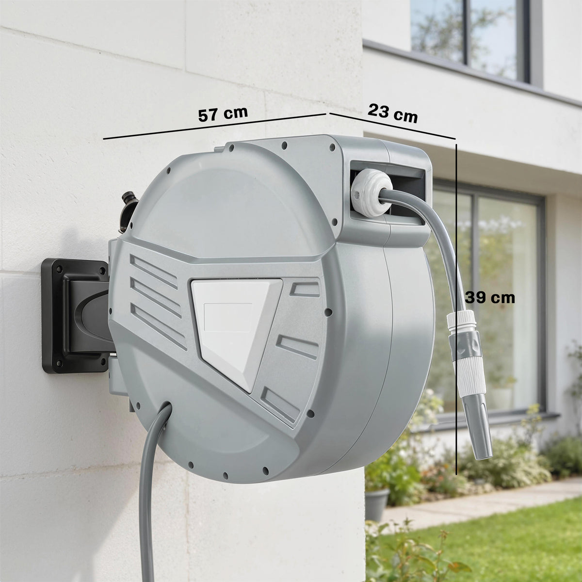 Enrouleur Tuyau Arrosage Mural 30+2 m x Ø 15mm, Dévidoir de Tuyaux d'Eau Rétractable Automatique Pivotant à 180°, Gris-2