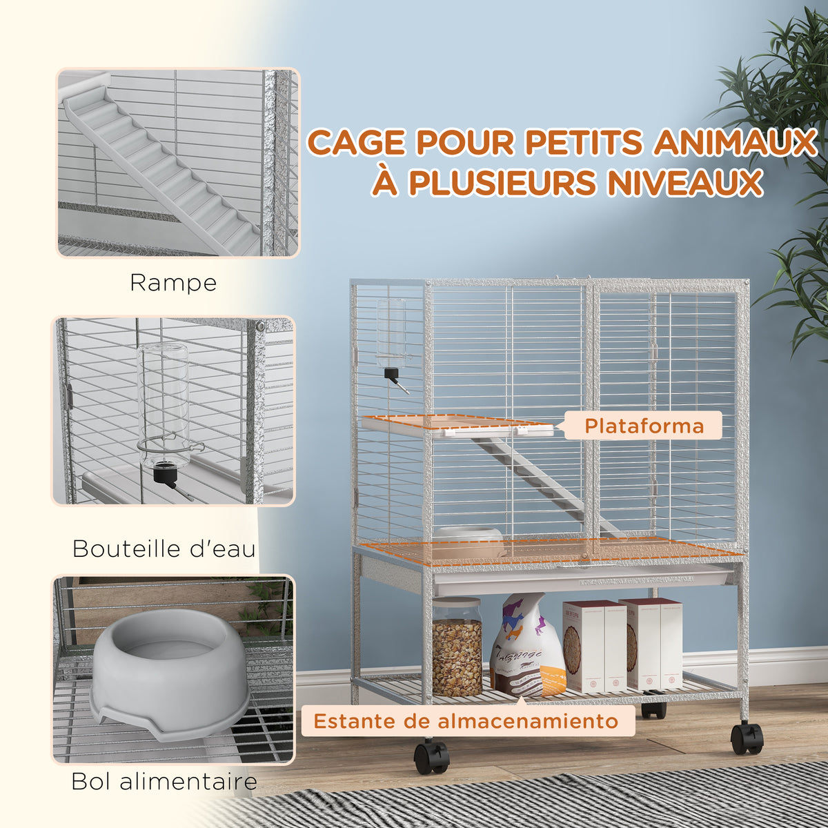 Cage pour petits animaux sur roulettes 2 niveaux avec 2 portes, 1 rampe, 1 étagère de rangement 61,5 x 44,5 x 86 cm gris-4