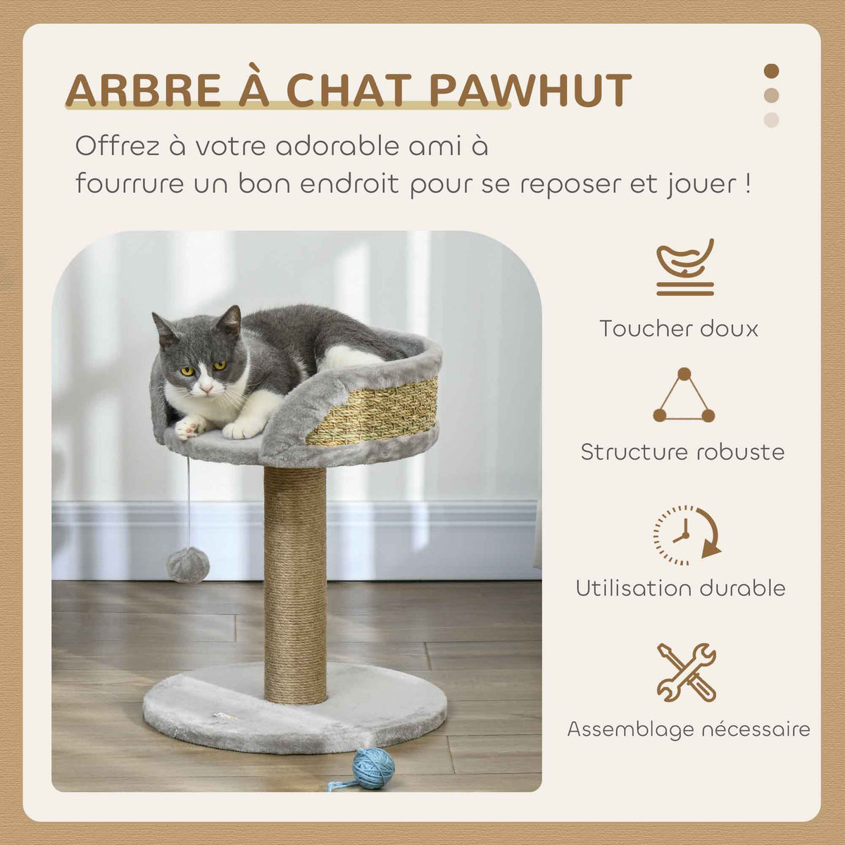 Arbre à chat arbre à grimper grattoir design jeu pompon suspendu + plateforme peluche 40 x 40 x 49 cm jute gris-3