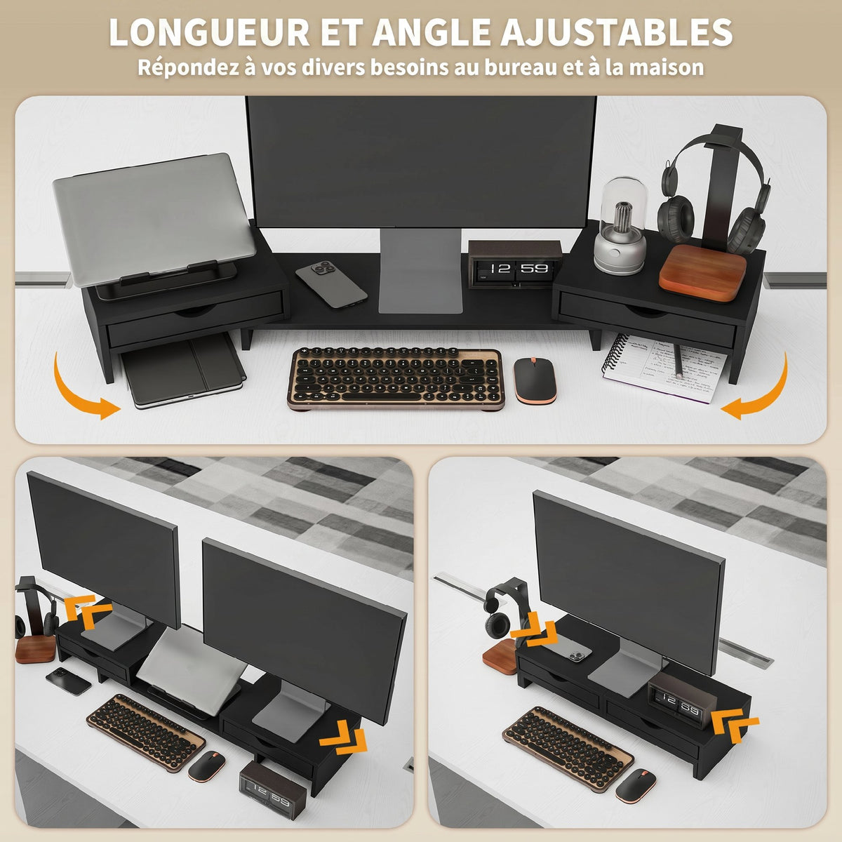 Rehausseur Écran PC Bureau, Support d'Écran d'Ordinateur de 60-116 cm avec 2 Tiroirs, Longueur et Angle Réglables Noir-3