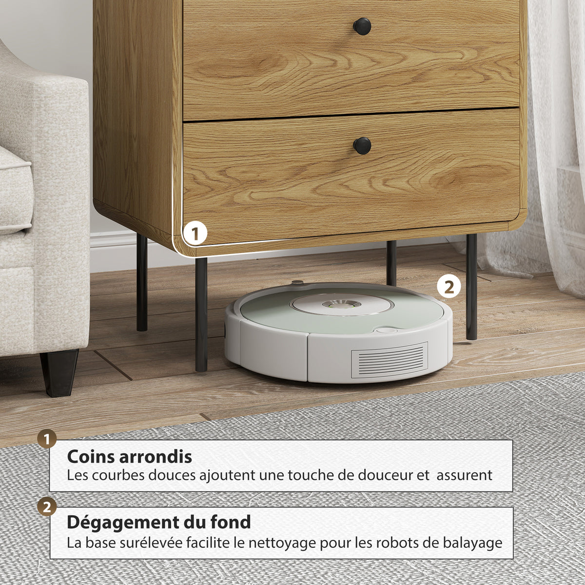 Commode 4 tiroirs, meuble de rangement étroit avec pieds en acier, coins arrondis, 60 x 39 x 91,5 cm, chêne-4