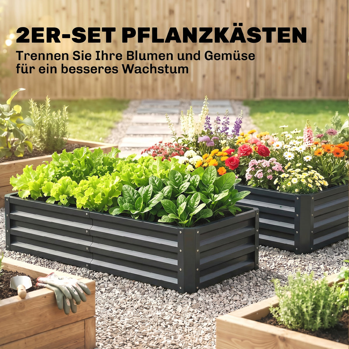 Lot de 2 carrés potagers de jardin rectangulaire tôle d'acier ondulée 120 x 60 x 30,5 cm gris-3