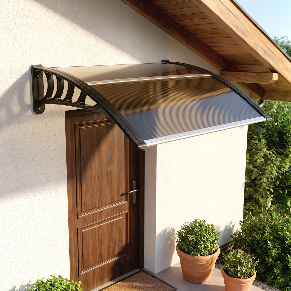 Auvent de Porte d'Entrée, Toit Marquise de Porte Extérieur en Polycarbonate et Profil Aluminium, 103x96,5cm, Marron-9