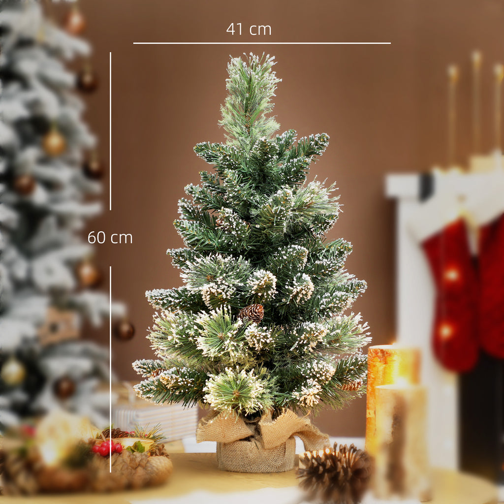 Sapin de Noël artificiel 60 cm, mini arbre de Noël de table floqué avec 35 LED, pommes de pin, fonctionne à piles, vert-2