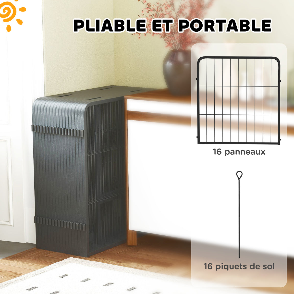 Parc pour chien, parc pour animaux, 16 panneaux, clôture portable pliable, sécurisé, noir-3
