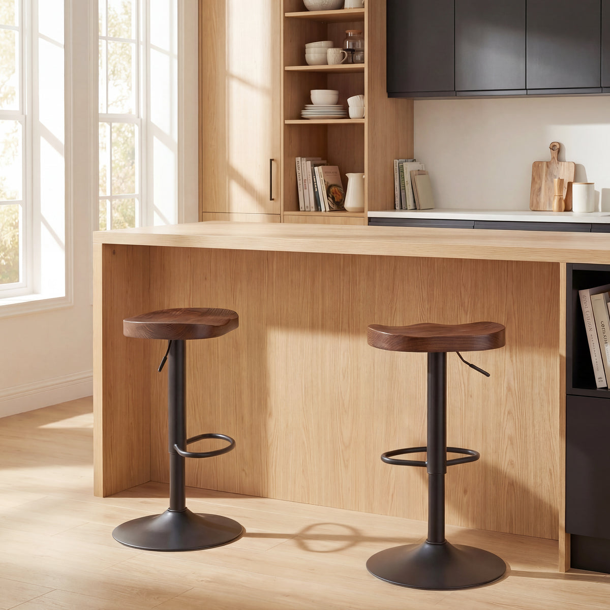 Tabourets de Bar Lot de 2 Réglables Pivotants Chaises de Cuisine avec Siège en Bois d'Orme Marron Foncé-1