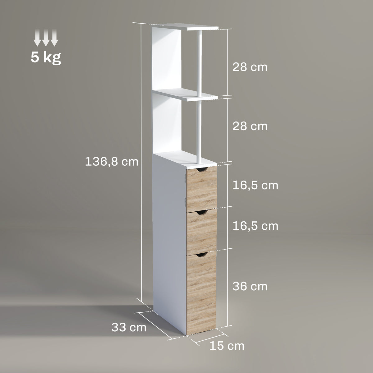 Meuble colonne salle de bain armoire de salle de bain avec tiroirs étagères ouvertes placard 15 x 33 x 136,8 cm blanc-2