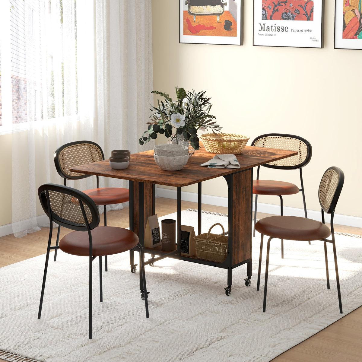 Table pliante de cuisine extensible salle à manger sur roulettes jusqu'à 6 personnes étagère intégrée, 6 roues, Marron-1