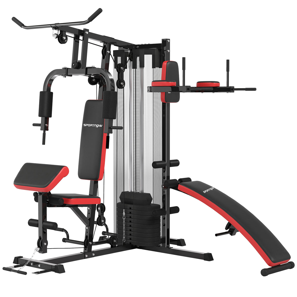 Station Multi Gym avec Poids de 65 kg, Équipement de Musculation avec Banc pour Abdominaux, Noir et Rouge-0