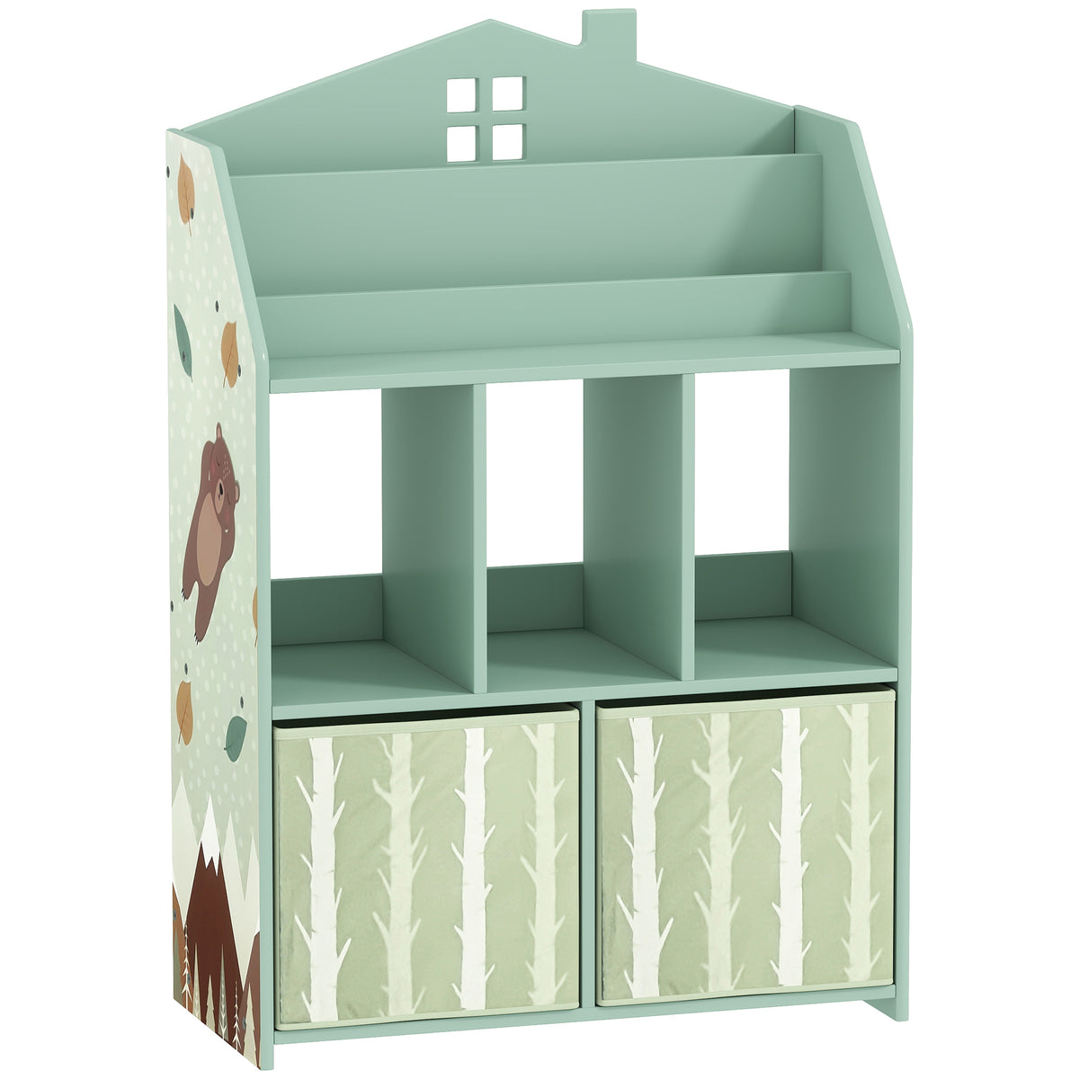 Meuble rangement enfant, bibliothèque enfants avec étagères ouvertes et 2 tiroirs en tissu, MDF, vert-0