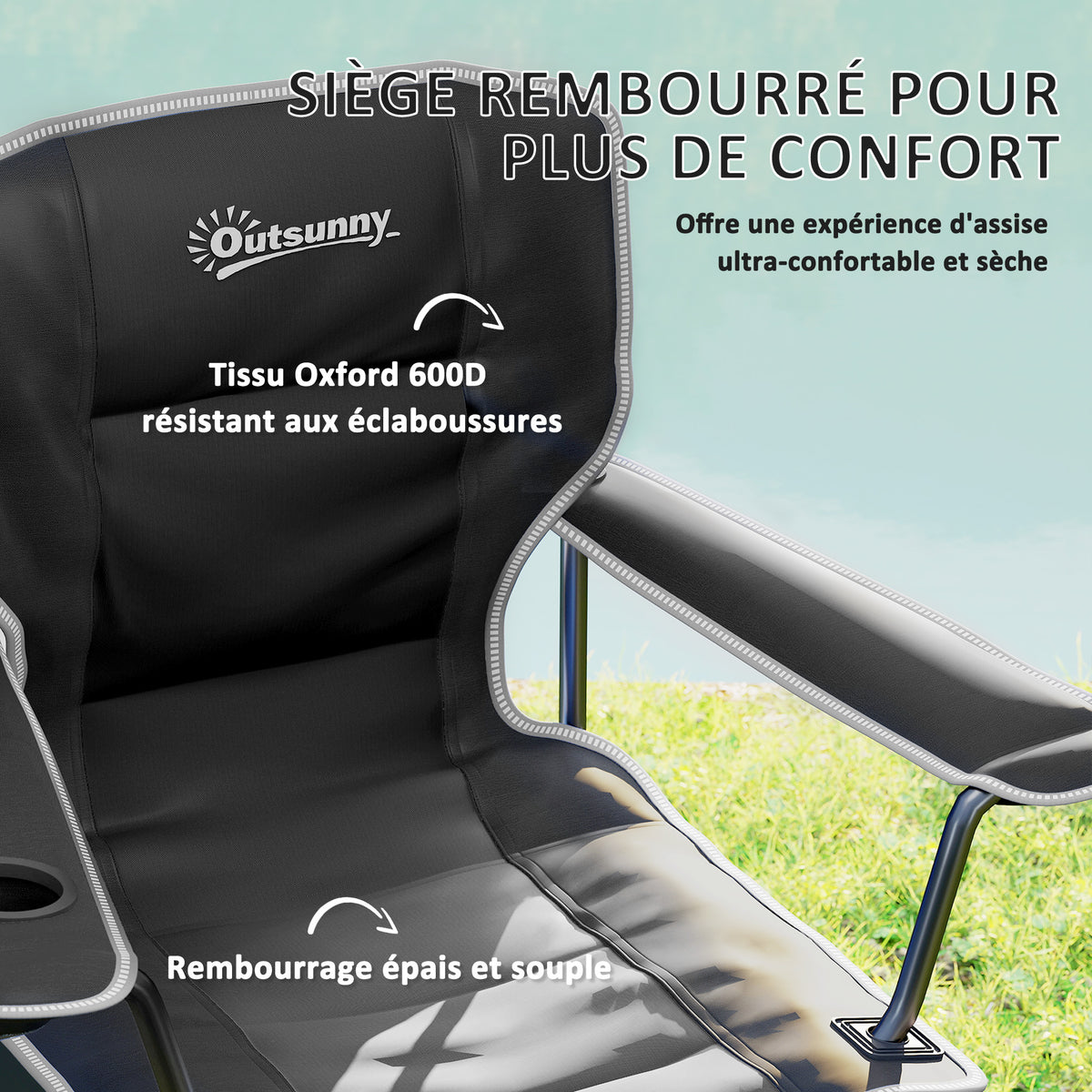 Chaise de camping pliante et portable avec porte-gobelets, poches latérales et sac de transport, noir-3