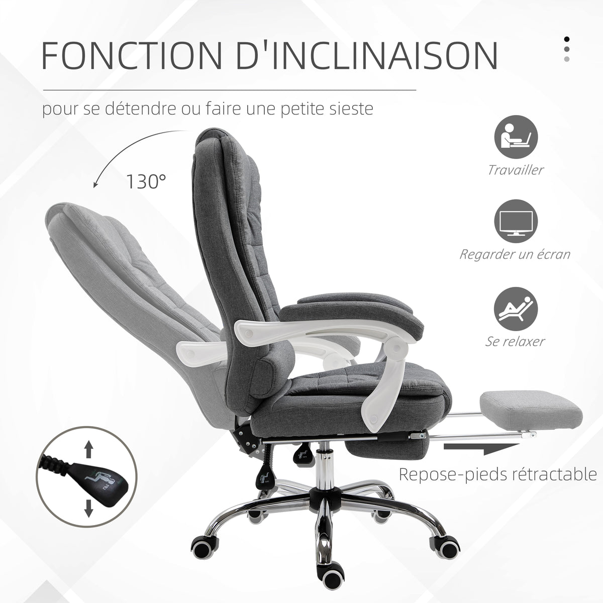 Fauteuil de bureau manager chaise pour ordinateur avec repose-pied dossier inclinable accoudoirs rembourrés en lin gris-4