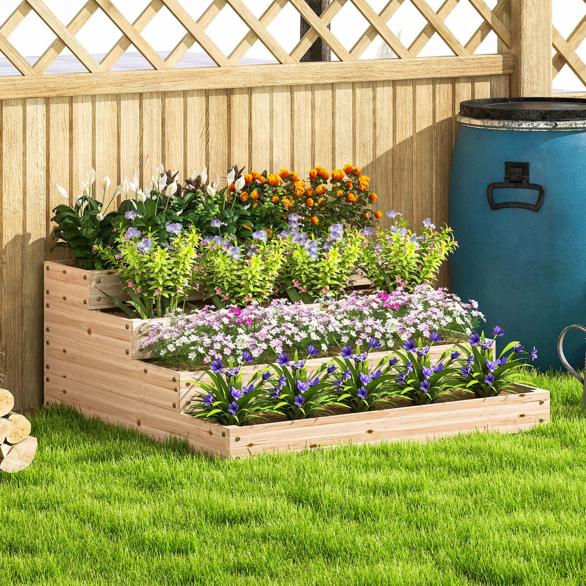 Carré potager de jardin sans fond 4 étages pour herbes légumes fruits fleurs 113 x 113 x 46 cm bois naturel-1