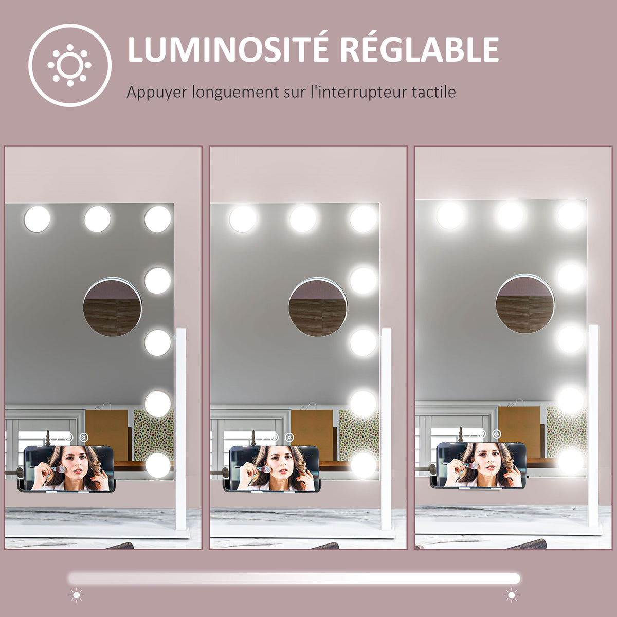 Miroir Hollywood avec LED 12 ampoules, luminosité réglable, rotation à 360°, grossissement 10X, touche tactile, blanc-6