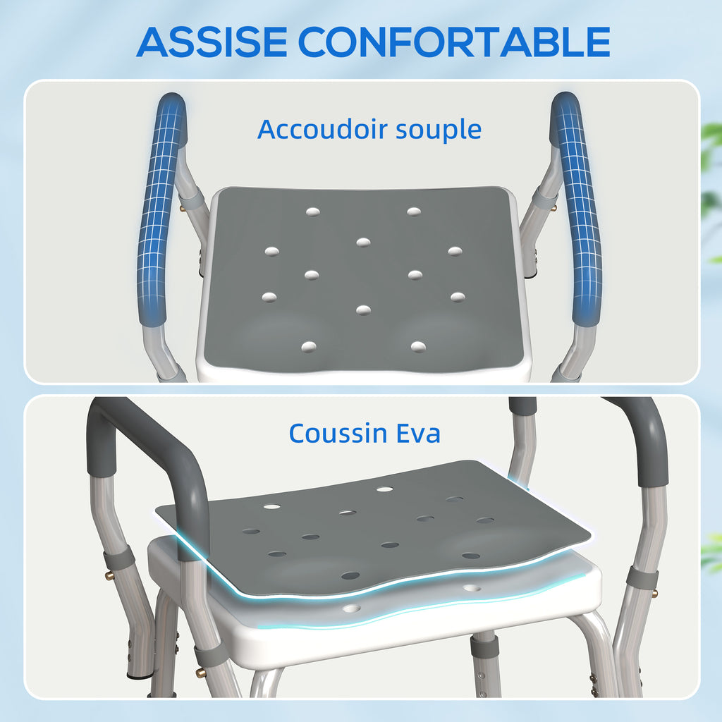Tabouret de douche pour personnes âgées et handicapées avec accoudoirs, hauteur réglable, patins antidérapants, gris-4