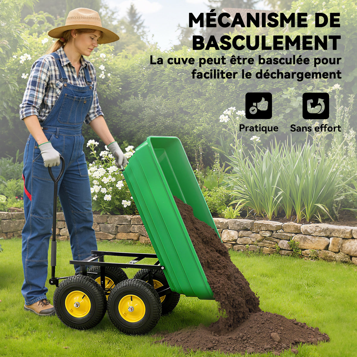 Chariot de Jardin à Main Benne basculante 75° 75L Charge Max. 200 Kg 4 Roues pneumatiques Acier PP Jaune Vert-3