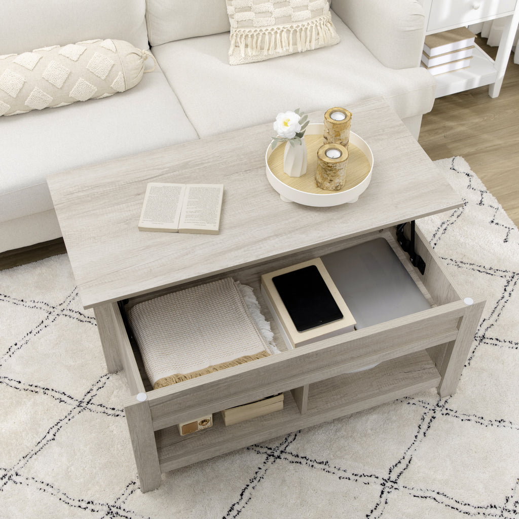 Table basse plateau relevable, table de salon avec étagères et compartiment caché,105 x 50 x 49-62,5 cm pour salon, chambre, aspect chêne clair-7