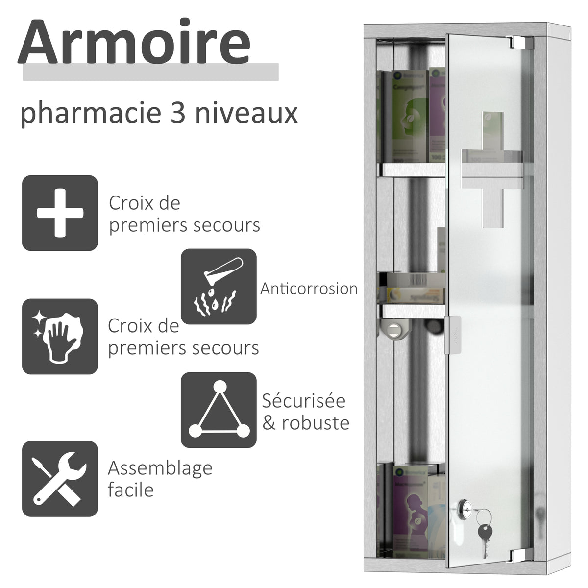 Armoire à Pharmacie 2 étagères 3 Niveaux 20L x 12l x 58H cm Porte Verre trempé Symbole Croix Acier INOX.-3
