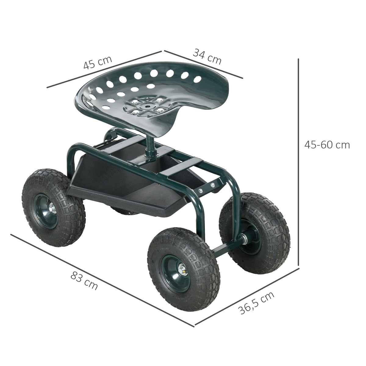 Siège de jardin chaise roulante pivotant à 360° et réglable en hauteur avec plateau à outils charge max. 150 Kg vert-2