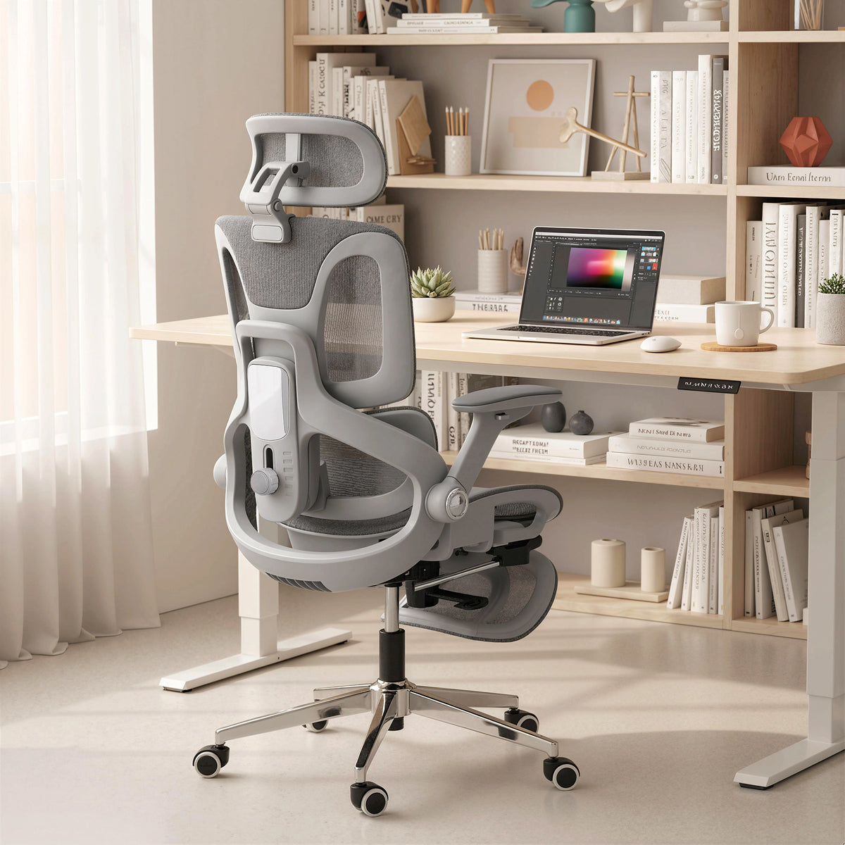 Chaise Bureau Ergonomique avec Accoudoirs 4D Appui-Tête et Profondeur d'Assise Réglables Maille Gris-1