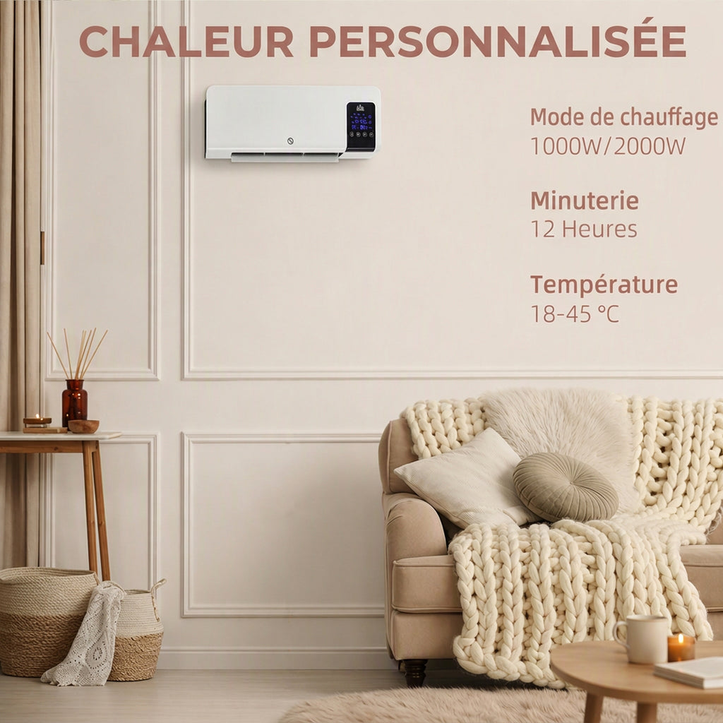 Radiateur soufflant mural chauffage céramique PTC - 1000 W / 2000 W oscillation minuterie avec télécommande blanc-3